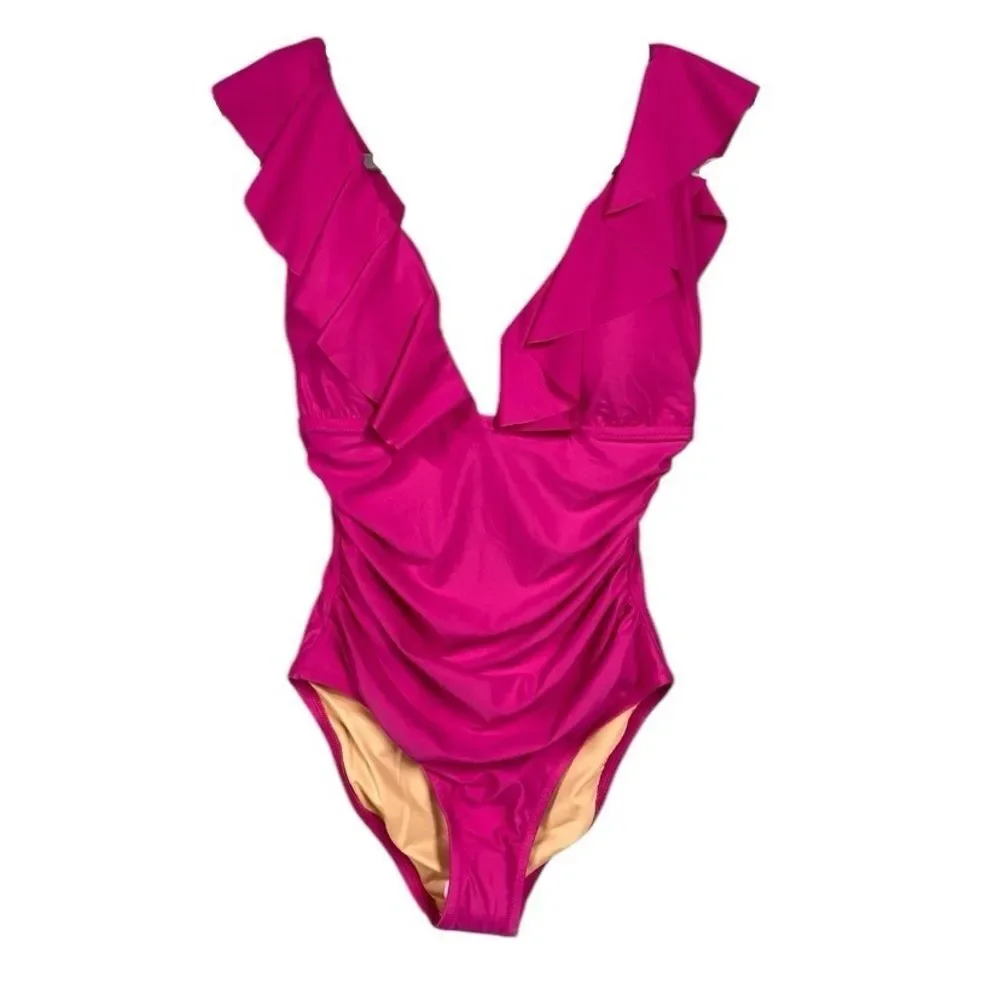 NEW J. Crew Ruched Ruffle One Piece Swimsuit Deep V Neck Size 8 Radiant Fuchsia